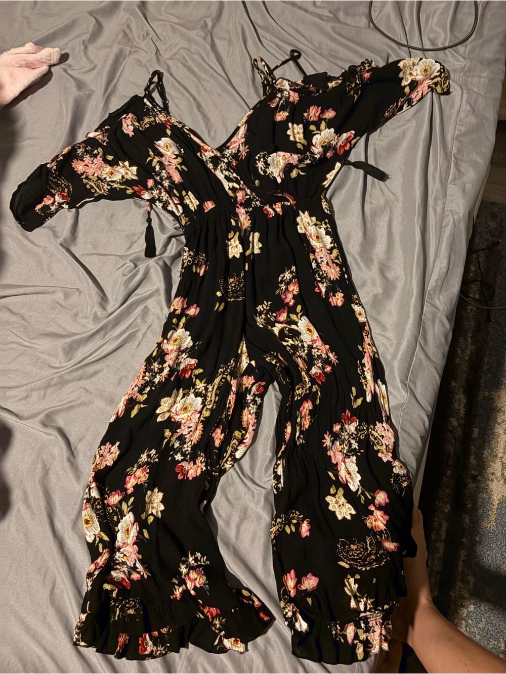 Patrons of Peace Black Floral Off-Shoulder Jumpsuit with Pink & Cream Blooms
